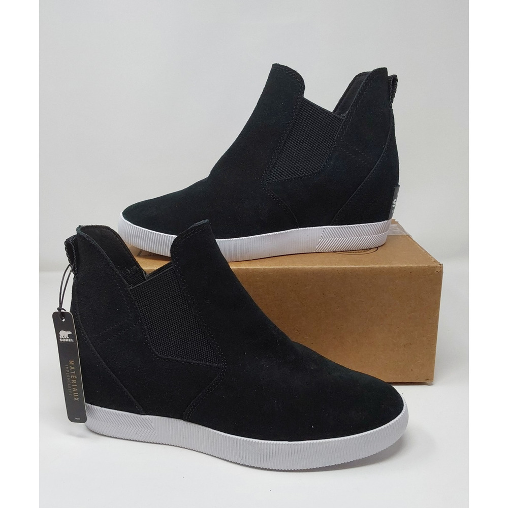 Sorel Women's Black Suede Slip On Wedge Sneakers Size 9 Chelsea Platform Shoes